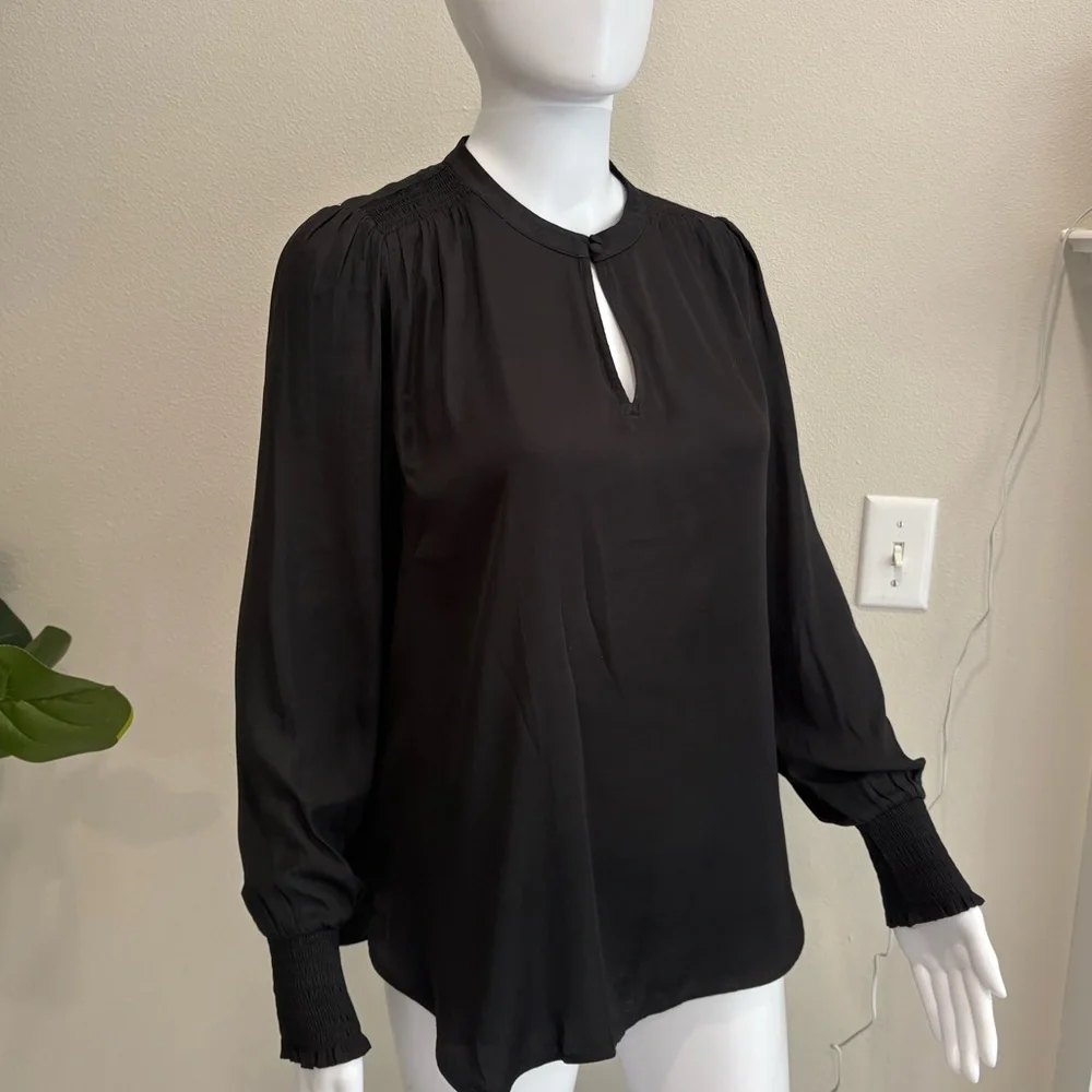 LOFT Black Satin Blouse Womens Size Small Smocked Long Puff Sleeve Fairy Goth